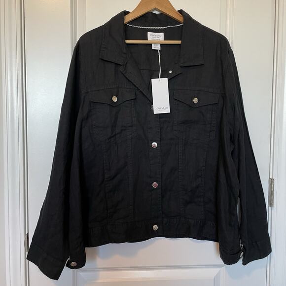 NWT Jones & Co Women's Black 100% Linen Button Up Jacket 3X Plus Size Pockets - Picture 2 of 12
